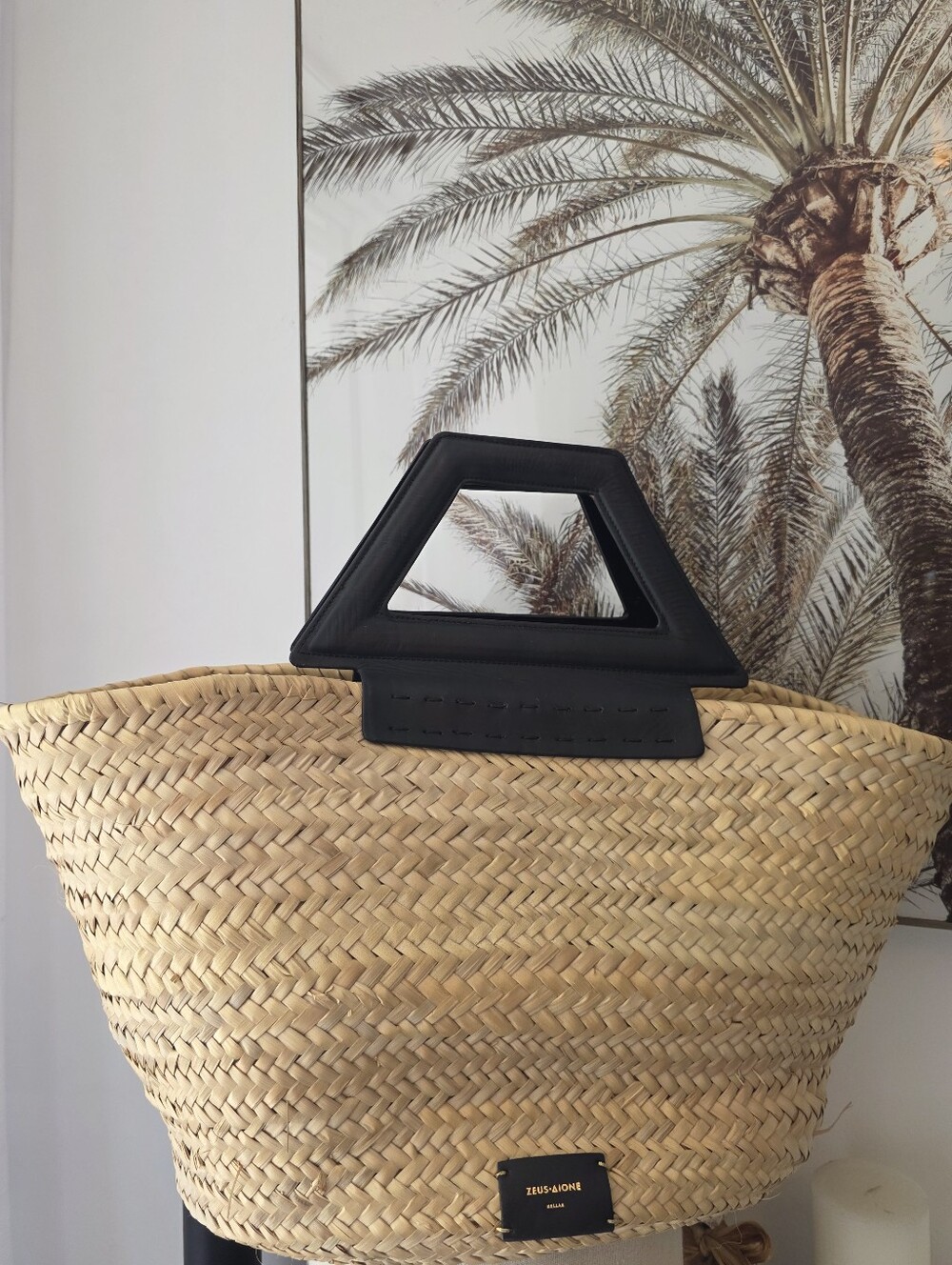 Straw Basket Tote with Black Geometric Handles